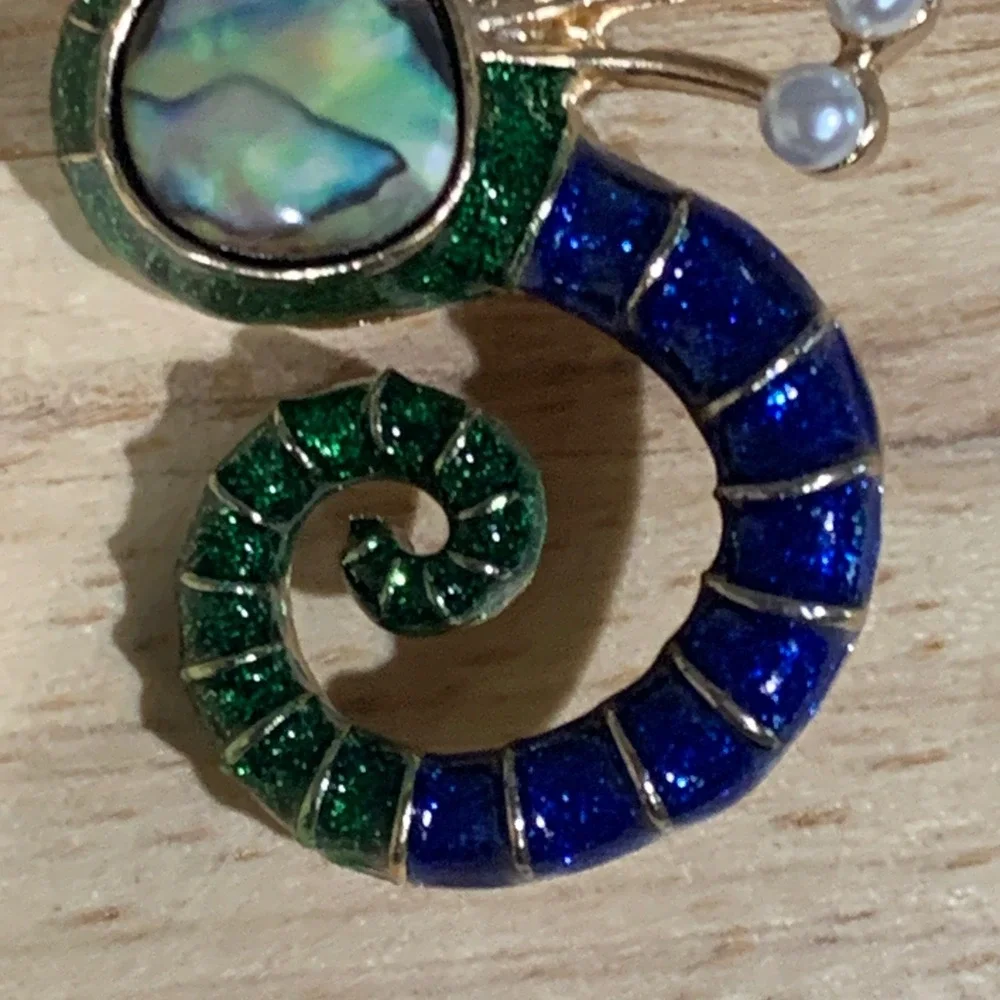 Maximalist Seahorse Brooch Women Blue Green Enamel Abalone Faux Pearl Nautical